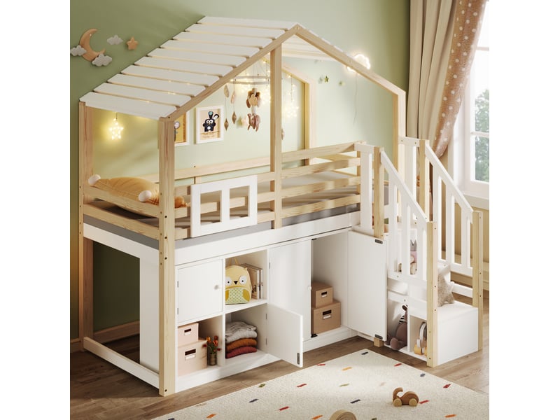  Lit mezzanine maison 90x200 cm avec rangement bois blanc et naturel sans matelas  - Conforama D