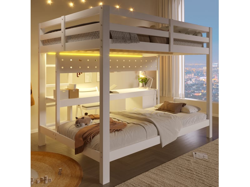 Lit superposé enfant modenvie 140 x 200 et 90 x 200 cm avec bureau, tiroirs, panneau perforé et led blanc naturel - Conforama E