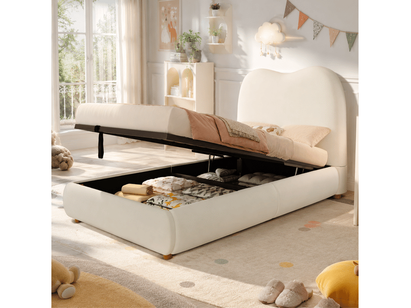  Lit enfant 90x190 cm, coffre hydraulique, sommier à lattes inclus, tête rembourrée, velours beige, sans matelas  - Conforama D