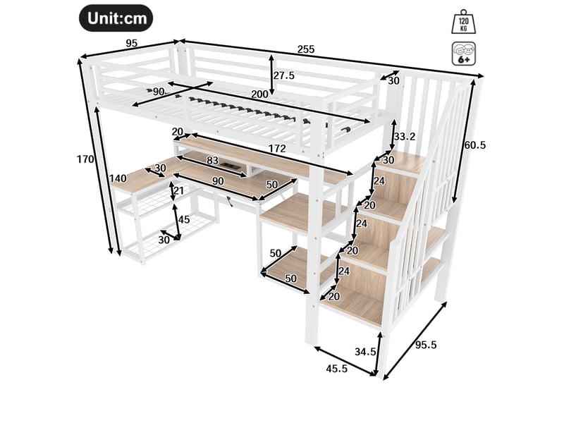 Lit mezzanine 90x200 cm avec bureau, rangements, led, usb et garde-corps blanc - Conforama C