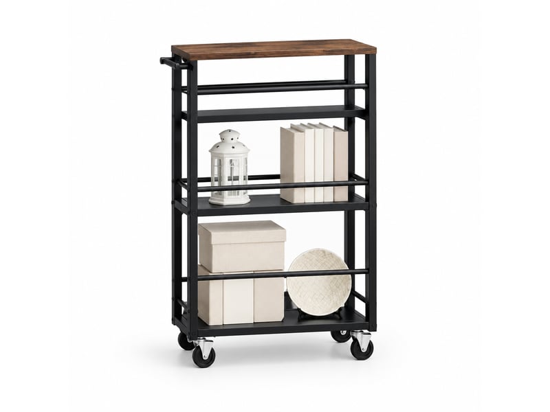 Desserte de cuisine étroite 13x47x80 cm noire en bois et métal, 3 étagères sur roulettes avec freins - Conforama A