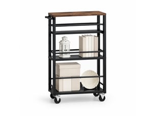 Desserte de cuisine étroite 13x47x80 cm noire en bois et métal, 3 étagères sur roulettes avec freins