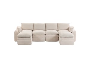Canapé modulable ulevr 4 places avec 2 poufs, poches latérales et coussins, velours côtelé beige, 335 x 167 x 85 cm
