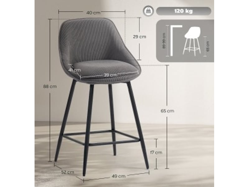  Tabouret de bar pivotant lot de 2 avec dossier et accoudoirs, en tissu côtelé polyester gris  - Conforama D