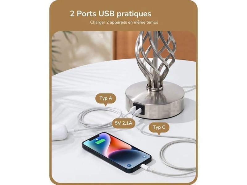  Lampe de chevet lot de 2 grise lin usb a c commande tactile 3 niveaux base metal argent 46 cm 370618_AAAVR85195_6_DROPFR - Conforama D