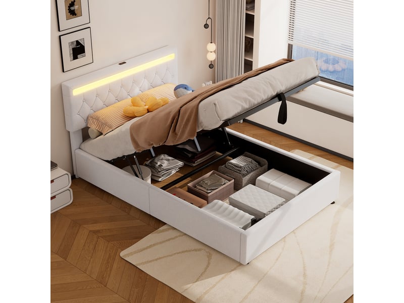  Lit coffre 140x200cm, lit double avec led, tête de lit réglable et sommier, rangement, charge, lin blanc, sans matelas  - Conforama C