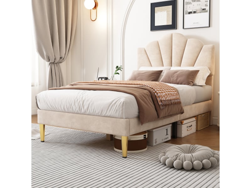  Lit rembourré 90x200 cm en velours beige, tête de lit coquillage réglable, pieds dorés, sommier à lattes  - Conforama D
