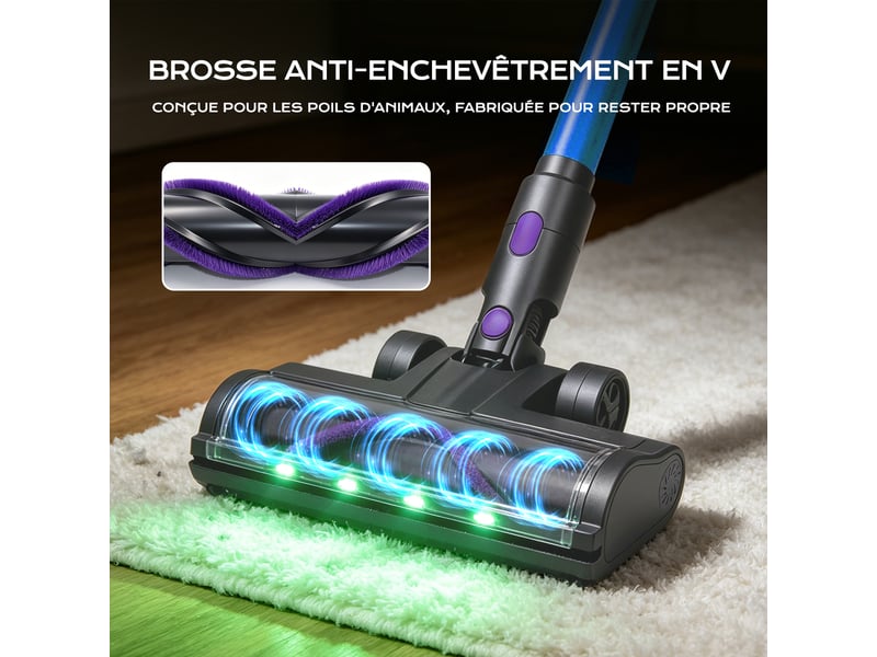  V16f aspirateur balai sans fil – 500w 75 kpa, tube pliable pour sous les lits, écran tactile, mode auto, hepa à 6 étages, 60 min, bleu V16F - Conforama C