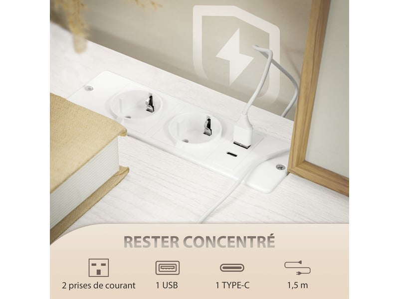  Commode 8 tiroirs en tissu bouclette, structure en acier 110x30x76cm crème, meuble de rangement avec 2 prises de courant  - Conforama A