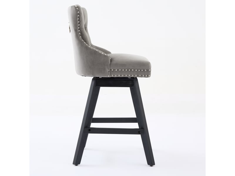  Lot de 2 tabourets de bar pivotants en velours gris capitonnés, pieds bois et clous chromés – style détente  - Conforama D
