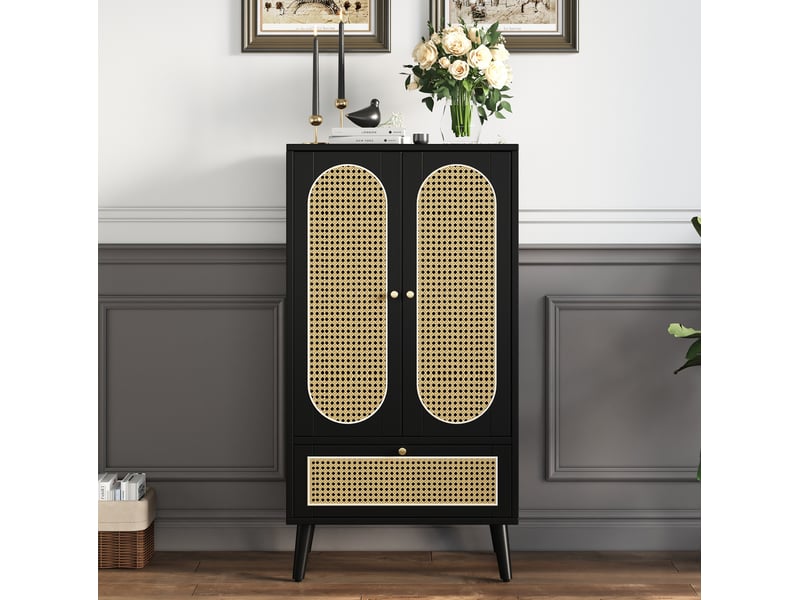  Buffet haut 2 portes et 1 tiroir, 60 cm, noir et rotin evryae  - Conforama B