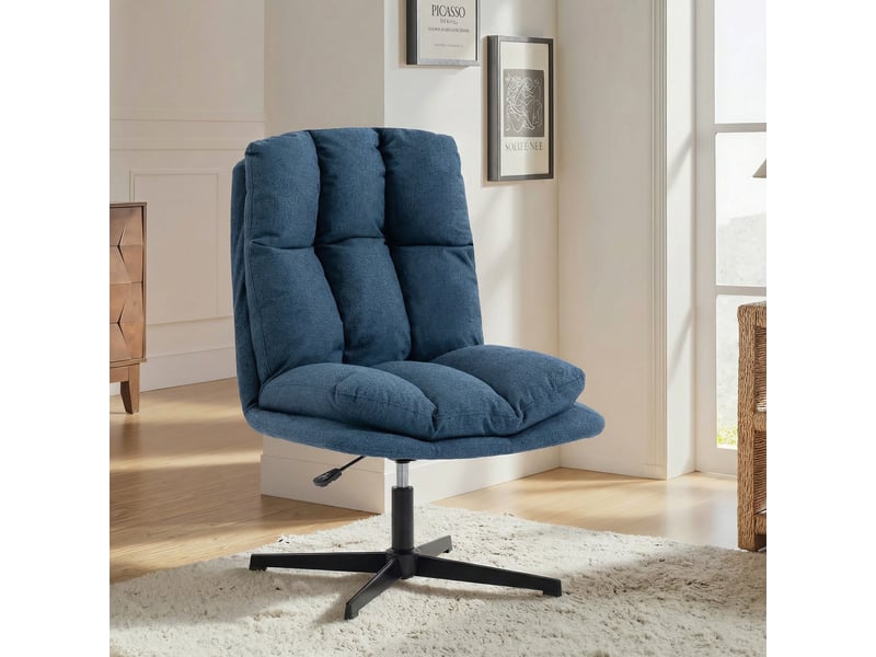  Fauteuil lounge pivotant à 360°, réglable en hauteur, large assise revêtue de lin, piètement en métal bleu foncé  - Conforama D