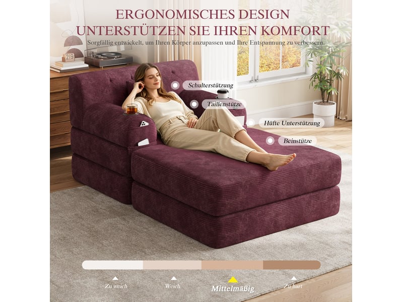  Fauteuil-lit 1 place avec pouf, couchage, 4 poches et 2 porte-gobelets en velours côtelé rouge lie-de-vin  - Conforama E