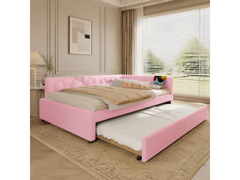  Lit gigogne 140x200 cm avec lampe de chevet et ports usb, rose  - Conforama D