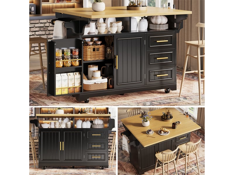  Îlot de cuisine mobile 120x40-80x95 cm, avec plateau rabattable, 3 tiroirs, étagères réglables, porte-serviette - noir  - Conforama B