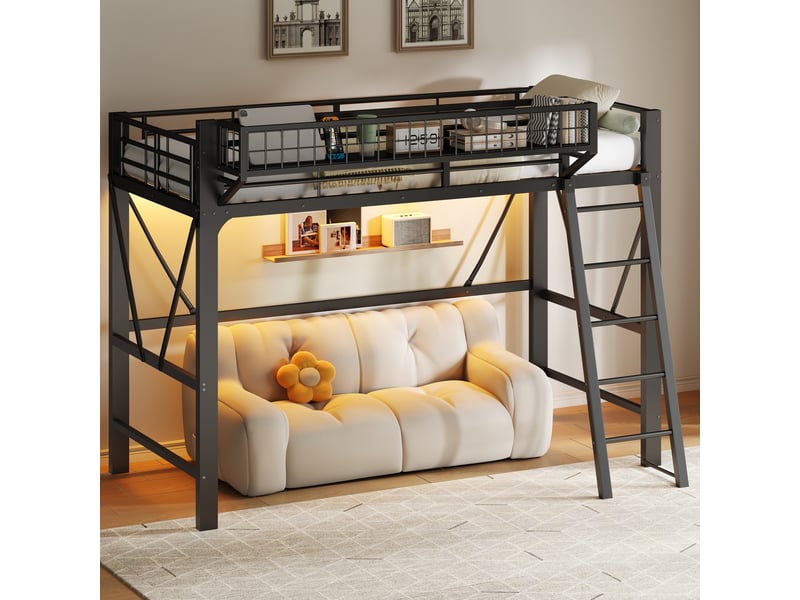 Lit mezzanine 90x200 cm avec panier de rangement métal led noir - Conforama D