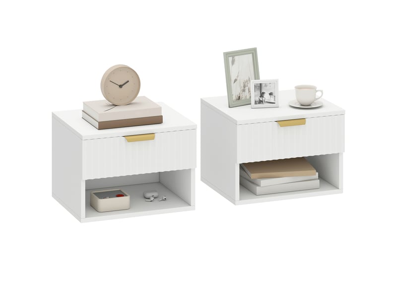  Ensemble de 2 tables de chevet suspendues avec tiroir, façade cannelée et étagère ouverte, 40 x 34 x 29 cm, blanches  - Conforama A