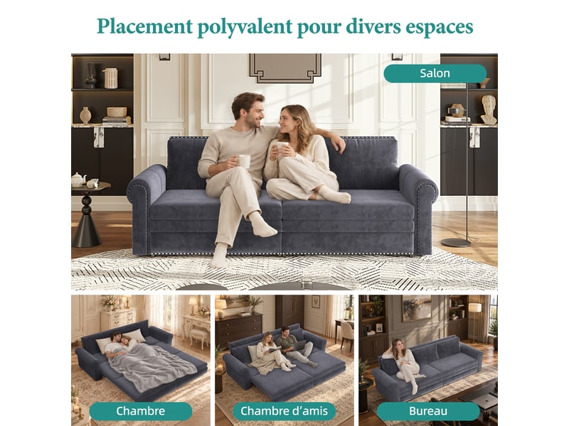 Canapé convertible 3 places gris en velours avec accoudoirs arrondis, 238 cm Fay Lum - Conforama E