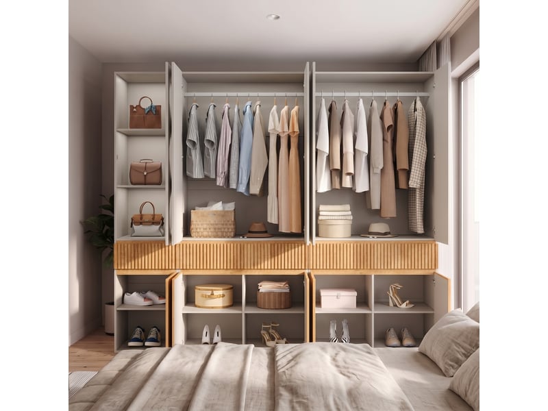 Grande armoire 225x50x200 cm à 10 portes battantes, dressing de chambre moderne avec penderies, chêne clair et gris - Conforama W