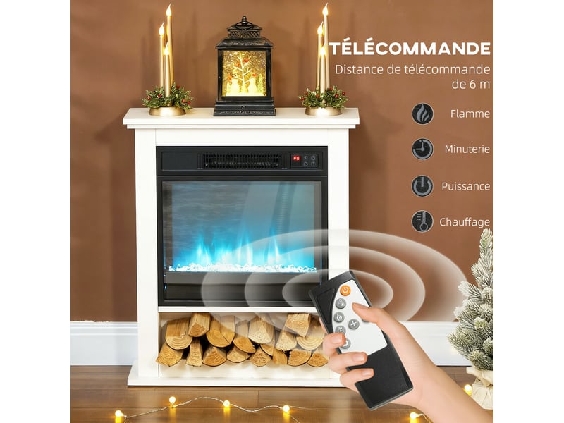 Cheminée électrique 1800w, fausse cheminée décorative, effet flamme à 9 couleurs et 5 luminosité, 62,5x20x72,5cm, blanc - Conforama R