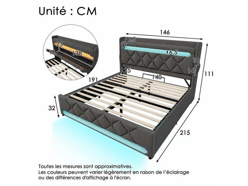 Lit double 140 x 190 cm avec coffre hydraulique, led et usb-c, en lin gris - Conforama C
