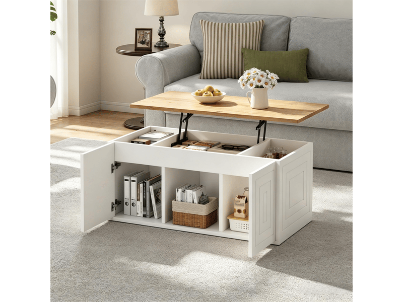  Table basse relevable bois et blanc 95 cm, table de salon rectangulaire avec rangement, style minimaliste  - Conforama C