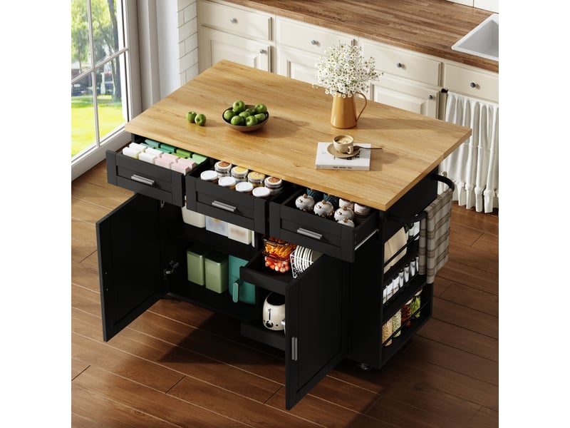  Desserte de cuisine avec plan rabattable, rangements et roulettes en mdf 120×45(70)×84 cm naturel noir  - Conforama B