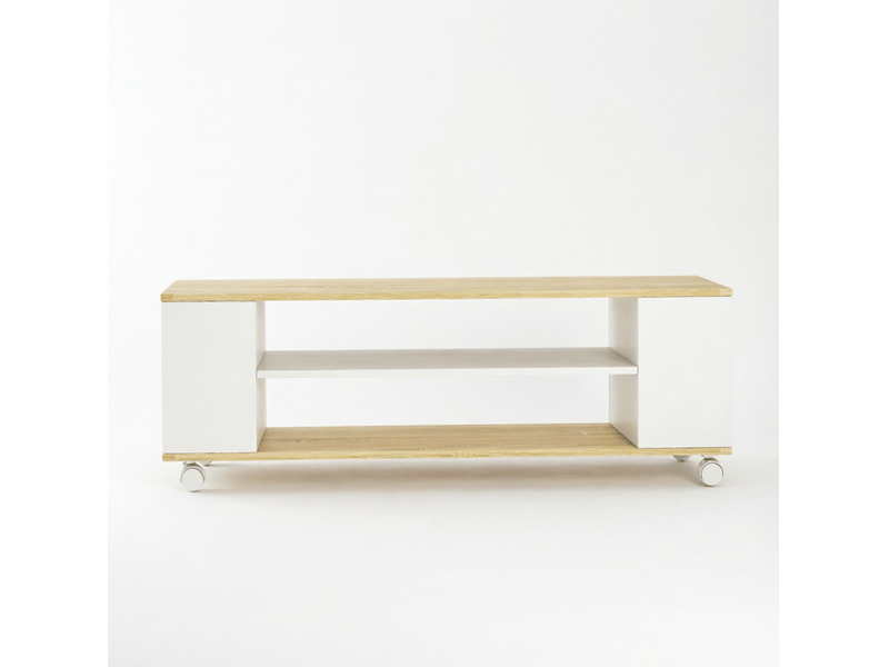  Meuble tv bas 120 x 40 cm à roulettes, pose au sol ou murale, blanc naturel  - Conforama A
