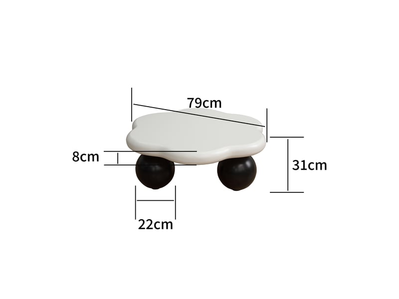  Table basse muvano table de salon minimaliste forme pétale avec plateau blanc crème et pieds boules noirs 79 x 79 cm  - Conforama E