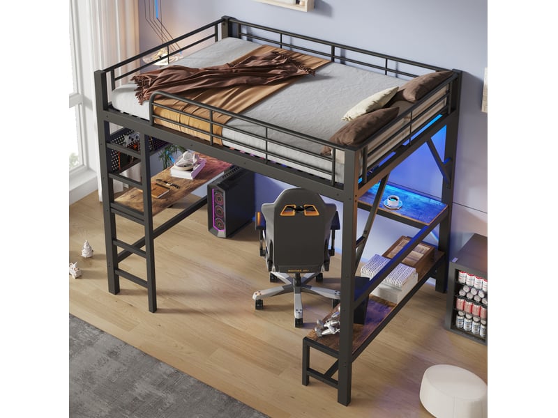  Lit mezzanine 160 x 200 cm noir en métal et mdf, bureau avec étagères, led, prises usb et type c intégrées  - Conforama B