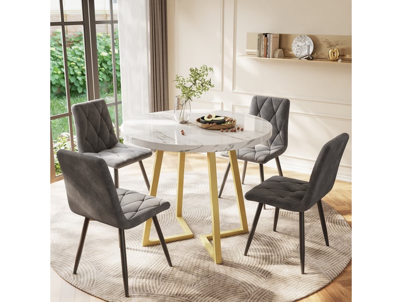  Table ronde ø 80 cm, table de cuisine, effet marbre, facile à nettoyer, pieds en métal, mdf, blanc et doré  - Conforama W