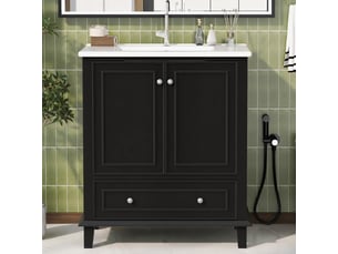 Meuble vasque noir 76 cm avec lavabo céramique intégré et pieds bois massif