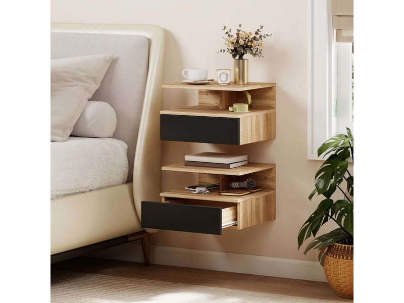  Ensemble de 2 tables de chevet suspendues avec tiroir, fixation murale, 35 x 32 x 22,5 cm, chêne et noir  - Conforama D
