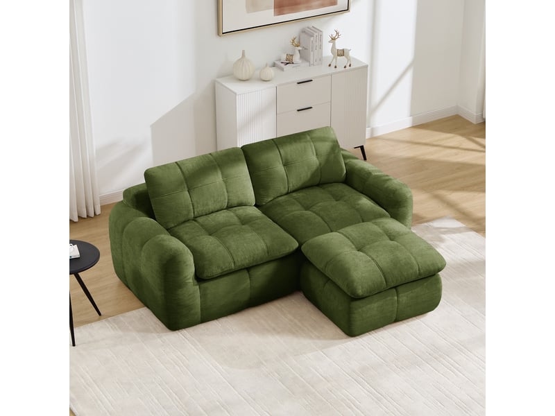 Canapé 2 places - 194 x 160 x 68 cm - canapé modulable en l en chenille avec 1 pouf amovible et coussins - vert - Conforama C