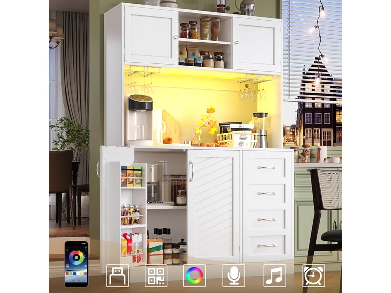  Armoire de cuisine, avec éclairage led, 120 x 40 x 188 cm, avec 4 portes, coloris vert et noir et blanc, solution de rangement fonctionnelle  - Conforama A