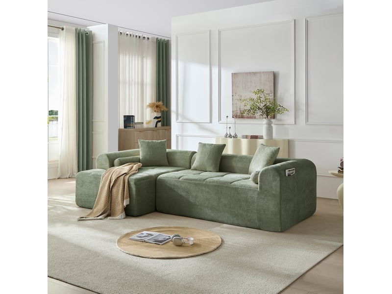  Canapé d'angle modenvie 4 places vert en tissu chenille 263 x 132,5 x 68 cm avec accoudoirs galbés et poche porte-revues  - Conforama D