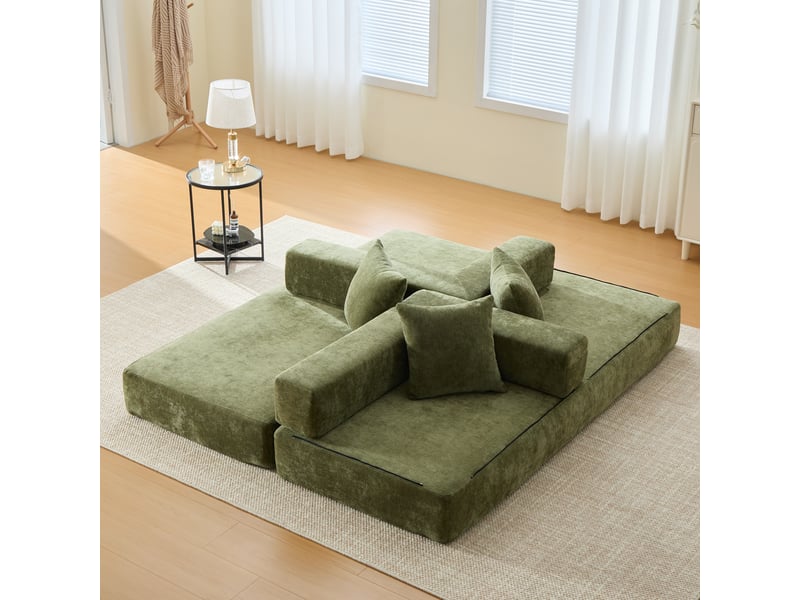  Canapé-lit convertible compressée modulable 3 places,198x79x60cm,avec poches latérales et base anti-glisse,chenille,vert  - Conforama W