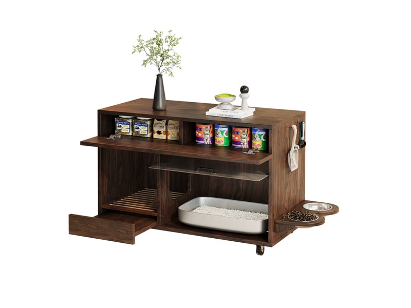  Meuble litière mobile décor bois foncé 100 cm avec 2 gamelles, tiroirs et plateau récupérateur amovible pratique  - Conforama A