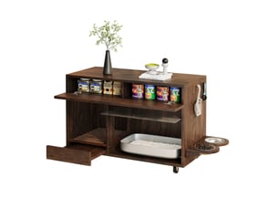 Meuble litière mobile décor bois foncé 100 cm avec 2 gamelles, tiroirs et plateau récupérateur amovible pratique