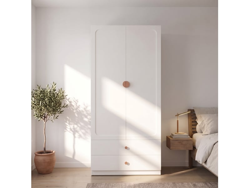  Armoire 2 portes avec 2 tiroirs, penderie et étagère haute pour chambre, mdf et bois massif, blanc, 90 × 45 × 200 cm  - Conforama C
