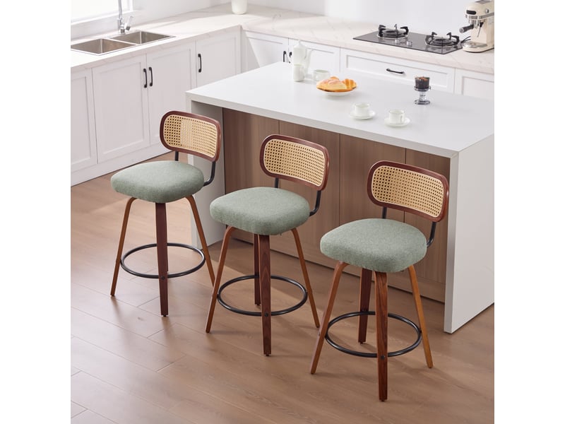  Tabourets de bar pivotants sw3766bg verts 26 lot de 3 avec dossier rotin et cadre noyer  - Conforama B
