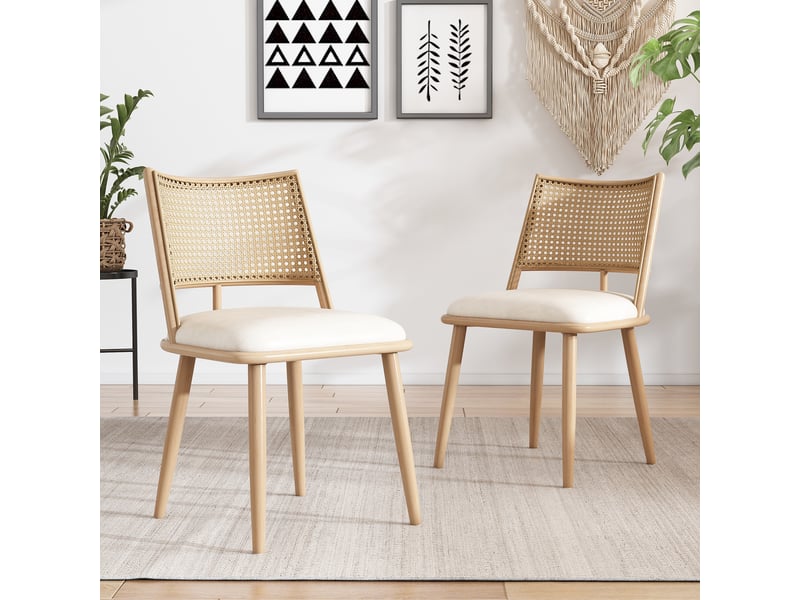 Lot de 6 chaises de salle à manger beige, dossier en rotin pe, assise pu rembourrée, structure métal, style naturel - Conforama W