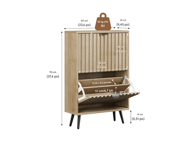 Meuble à chaussures 2 abattants coloris chêne 60 x 24 x 95 cm W3180P511990 - Conforama C