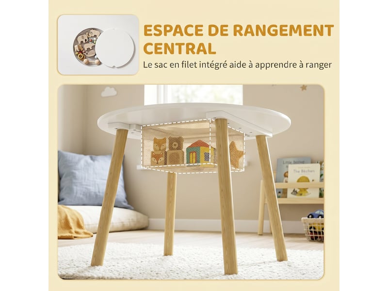  Table enfant avec chaise, ensemble table et 2 chaises en bois avec sac de rangement pour dessiner, jouer, blanc, étudier  - Conforama E