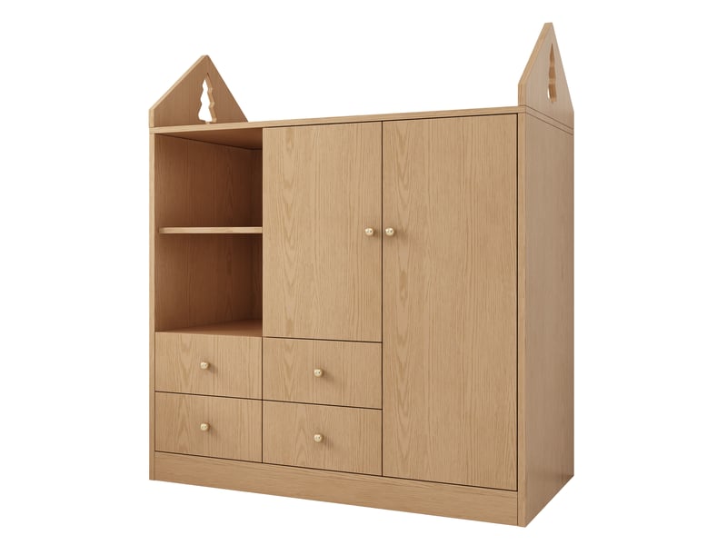  Armoire enfant chêne 100 × 48 × 131 cm, toit maison, 2 portes et 4 tiroirs IKSETERA TRADING LTD - Conforama W