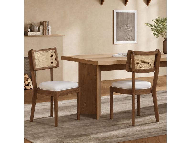  Lot de 2 chaises de salle à manger 50x58x88 cm, dossier en rotin tressé, assise en lin, bois, noyer et beige  - Conforama B
