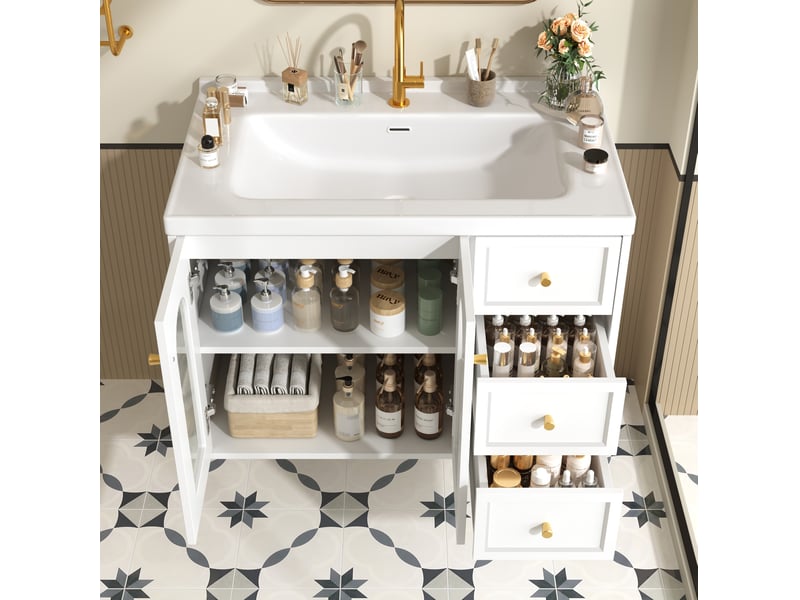 Meuble de salle de bain suspendu 80x50x58 cm, vasque, tiroirs, porte en verre ondulé, armoire de rangement, mdf blanc - Conforama D
