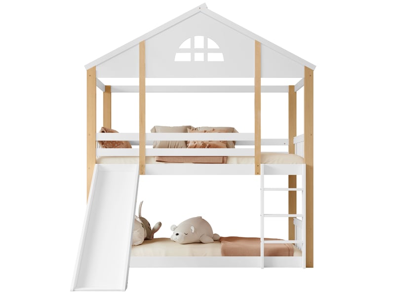  Lit cabane blanc et naturel 90x200 cm en bois massif, toboggan et échelle réversibles, fenêtres et espace libre dessous  - Conforama A