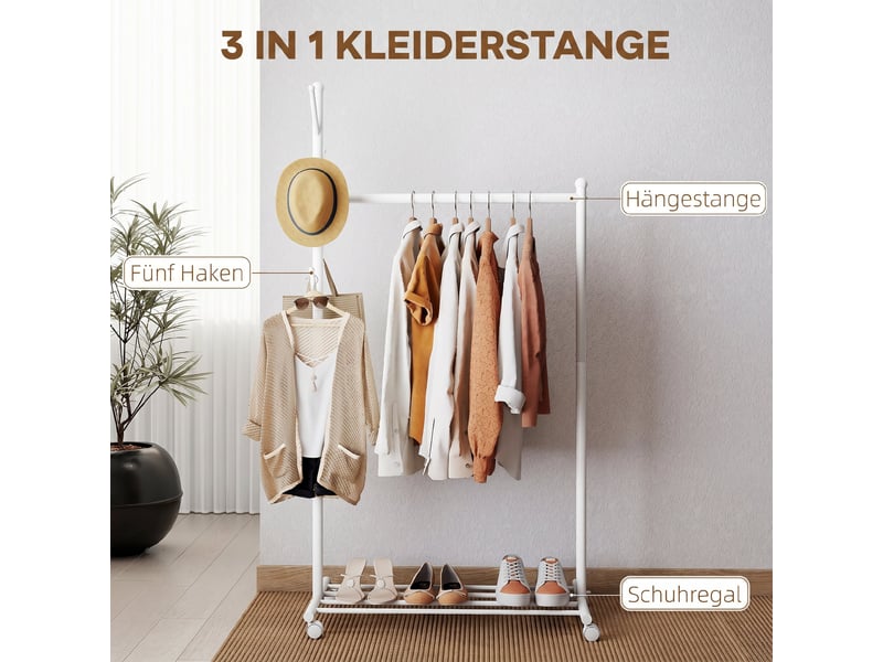  Portant à vêtements à roulettes, penderie mobile avec tringle, 5 crochets, étagère à chaussures, blanc  - Conforama D