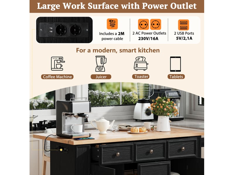 Îlot de cuisine 130,5x40-65x92 cm, plan rabattable, prises, desserte, 5 tiroirs, rangement, meuble cuisine, mdf noir - Conforama E
